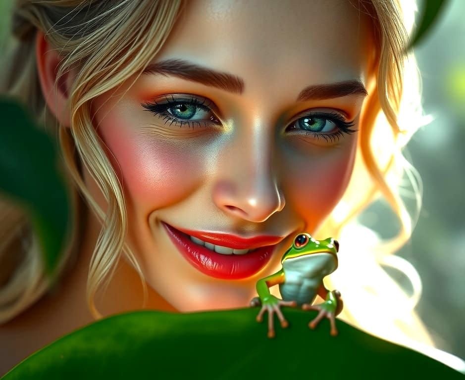 Ethereal Fantasy Portrait of a Woman and Frog in Enchanted F...