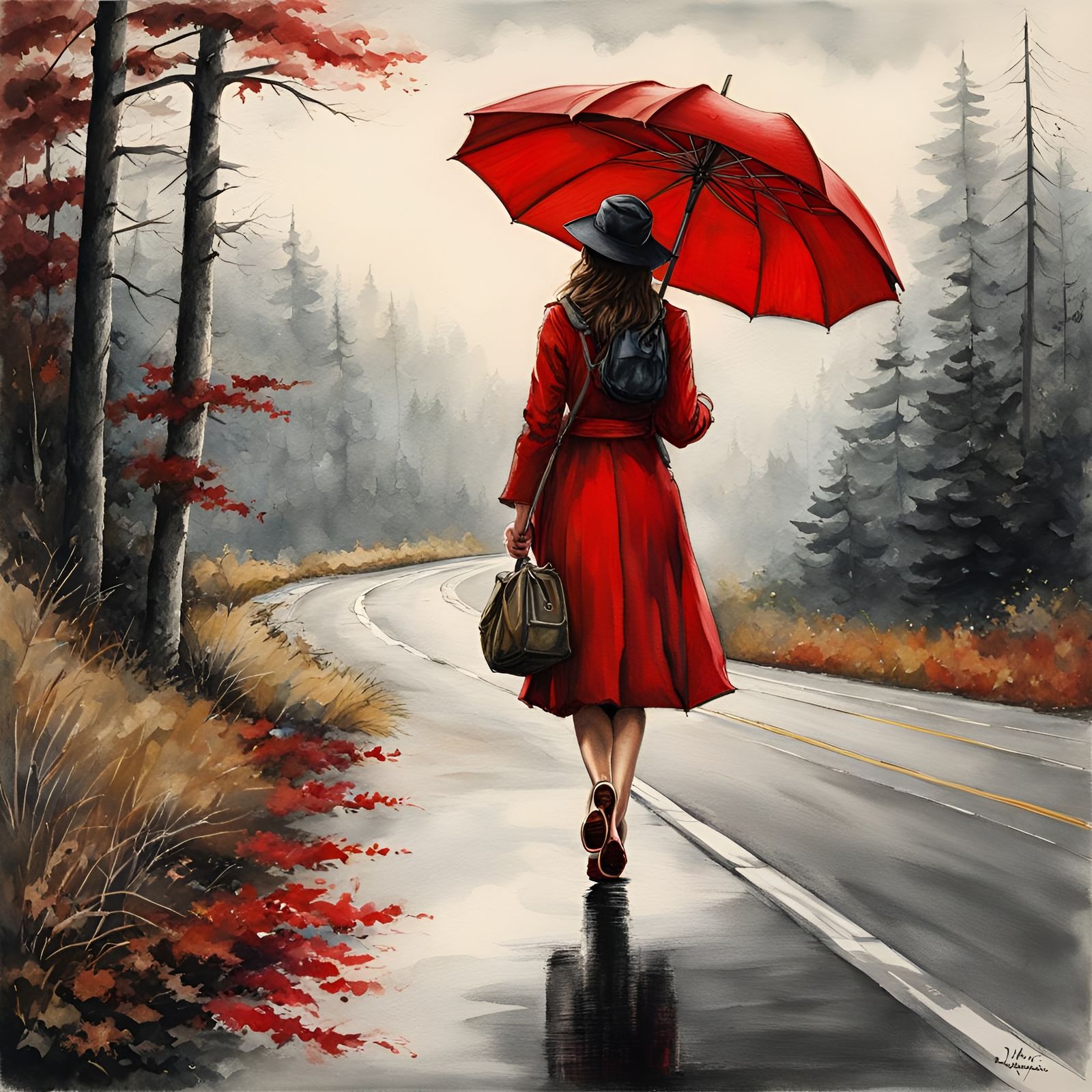 Hyperrealistic Hitchhiker with Red Umbrella in Watercolor