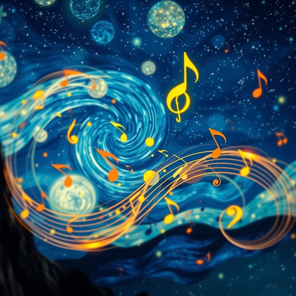 Vibrant Music Notes Dance Across Starry Night Sky