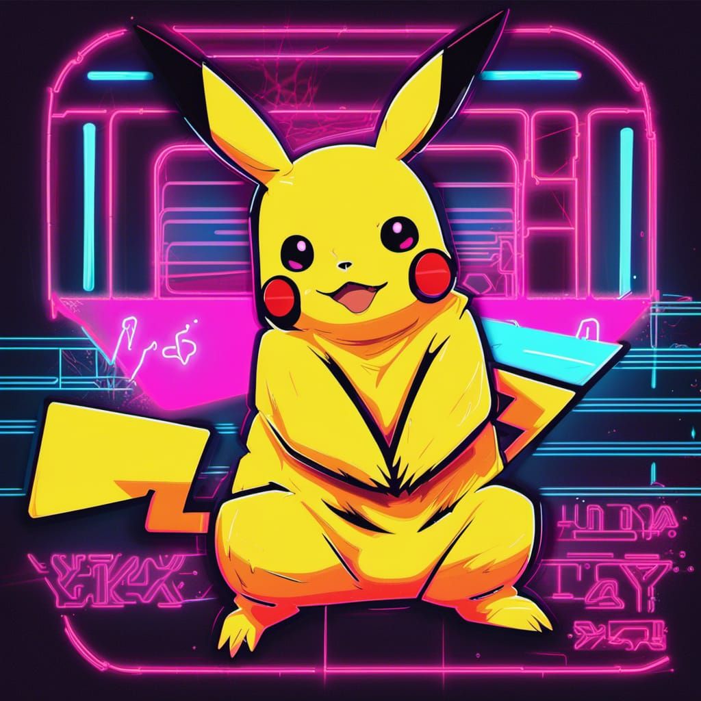 Pikachu in Synthwave Neon Retro Style