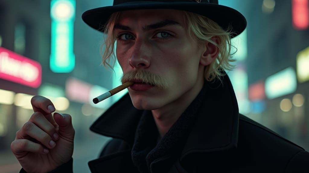 Cyberpunk Fedora Smoker in Dark Surreal Style