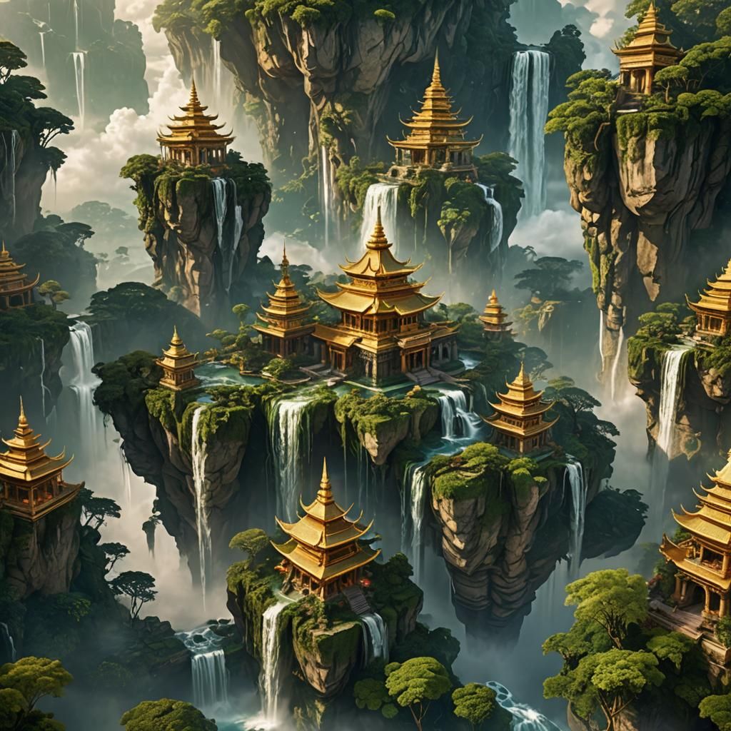 Floating Temples with Waterfalls in Fantasy Landscape