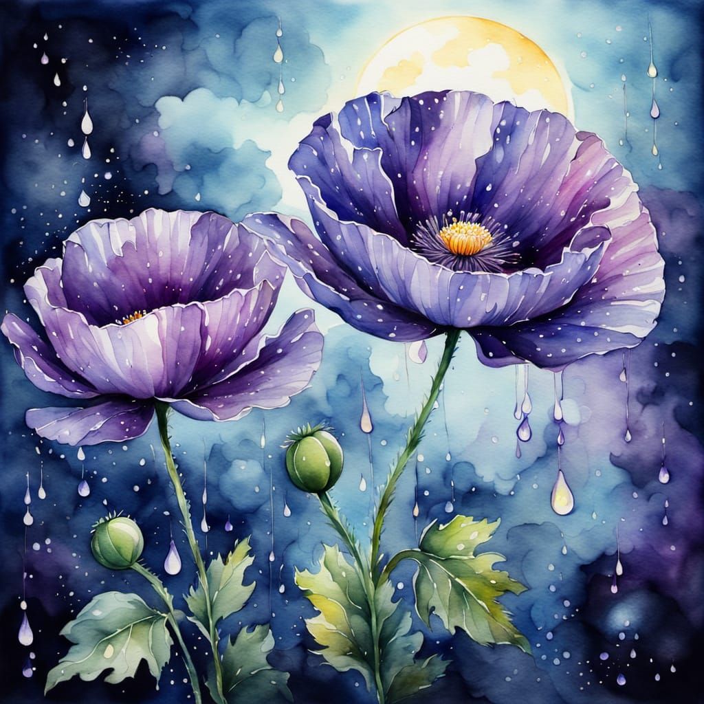 Purple Poppy in Moonlight Watercolor Painting