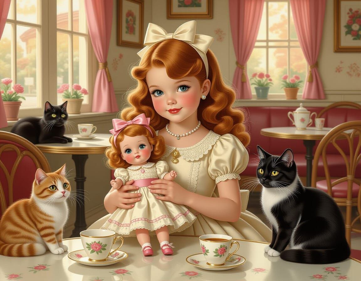 Redhead Girl and Doll at Whimsical Cat Cafe