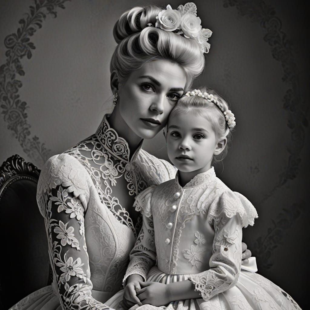 Elegant Mother and Child Portrait in Rococo Style