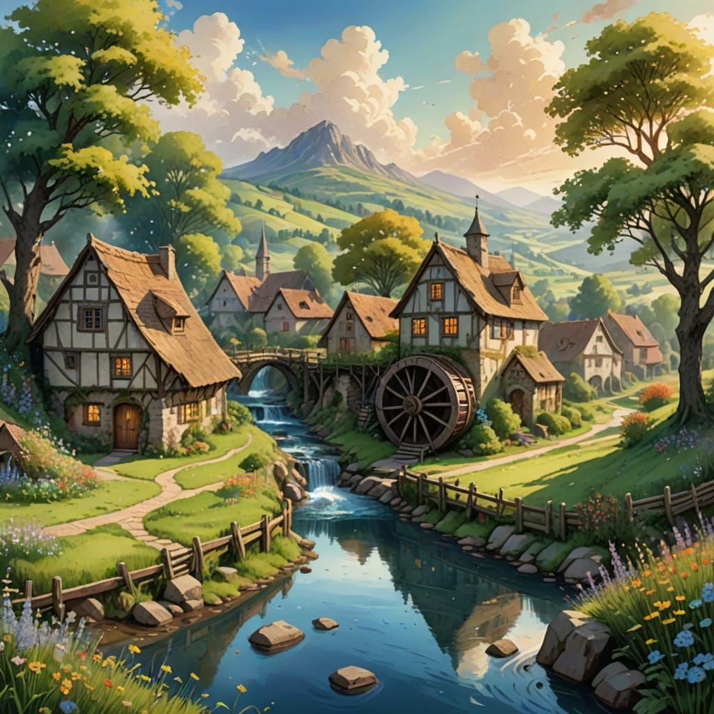 Serene Watermill Village in Whimsical Fantasy Landscape