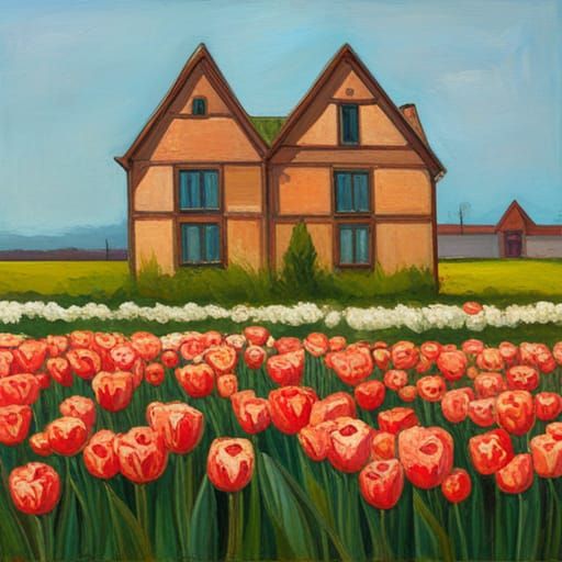 Tulip Field House: Oil Painting