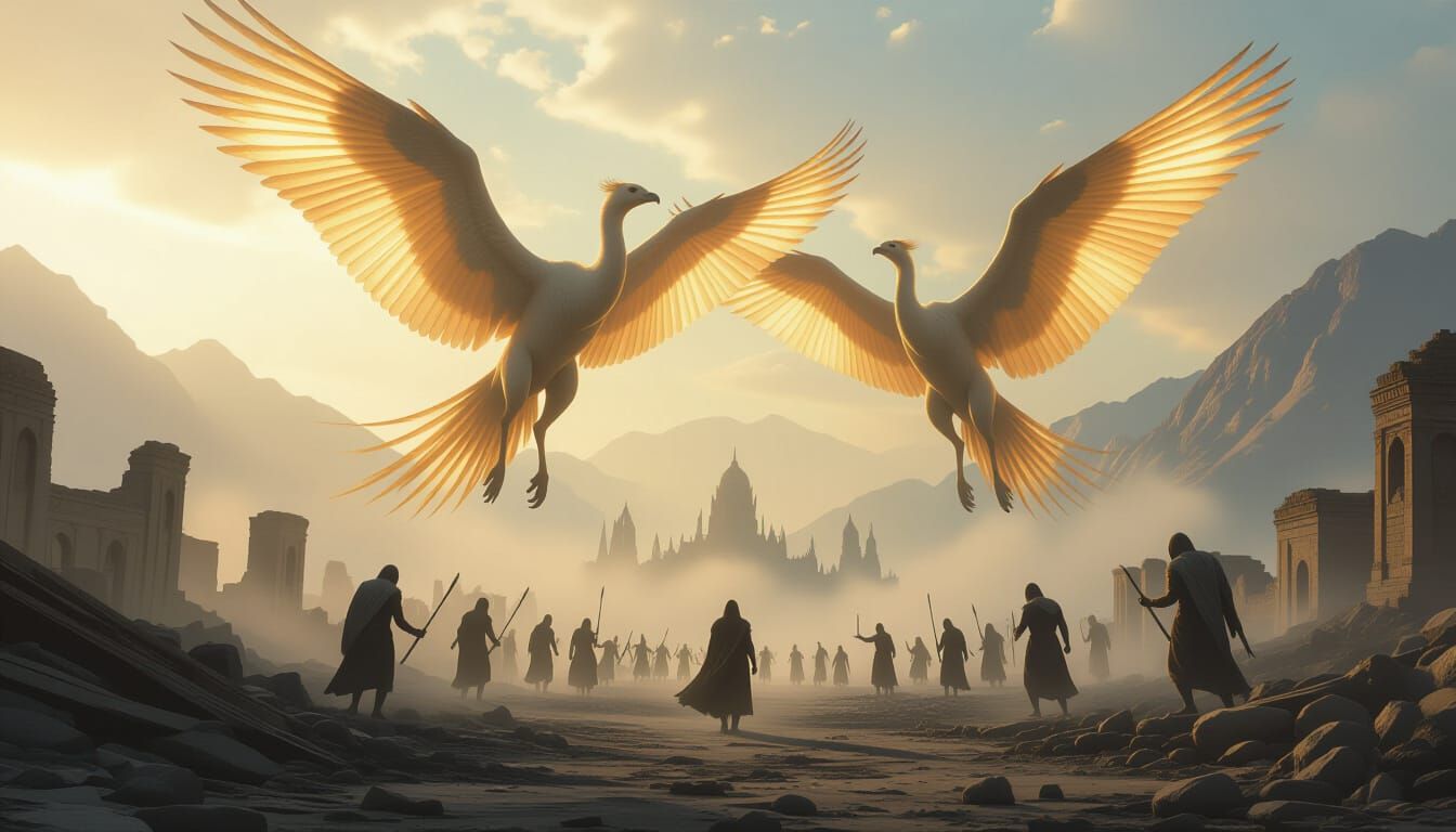 Divine Birds Descend on Ruined Battlefield