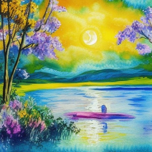 Blue Moon Over Lake: Impressionist Gouache Landscape