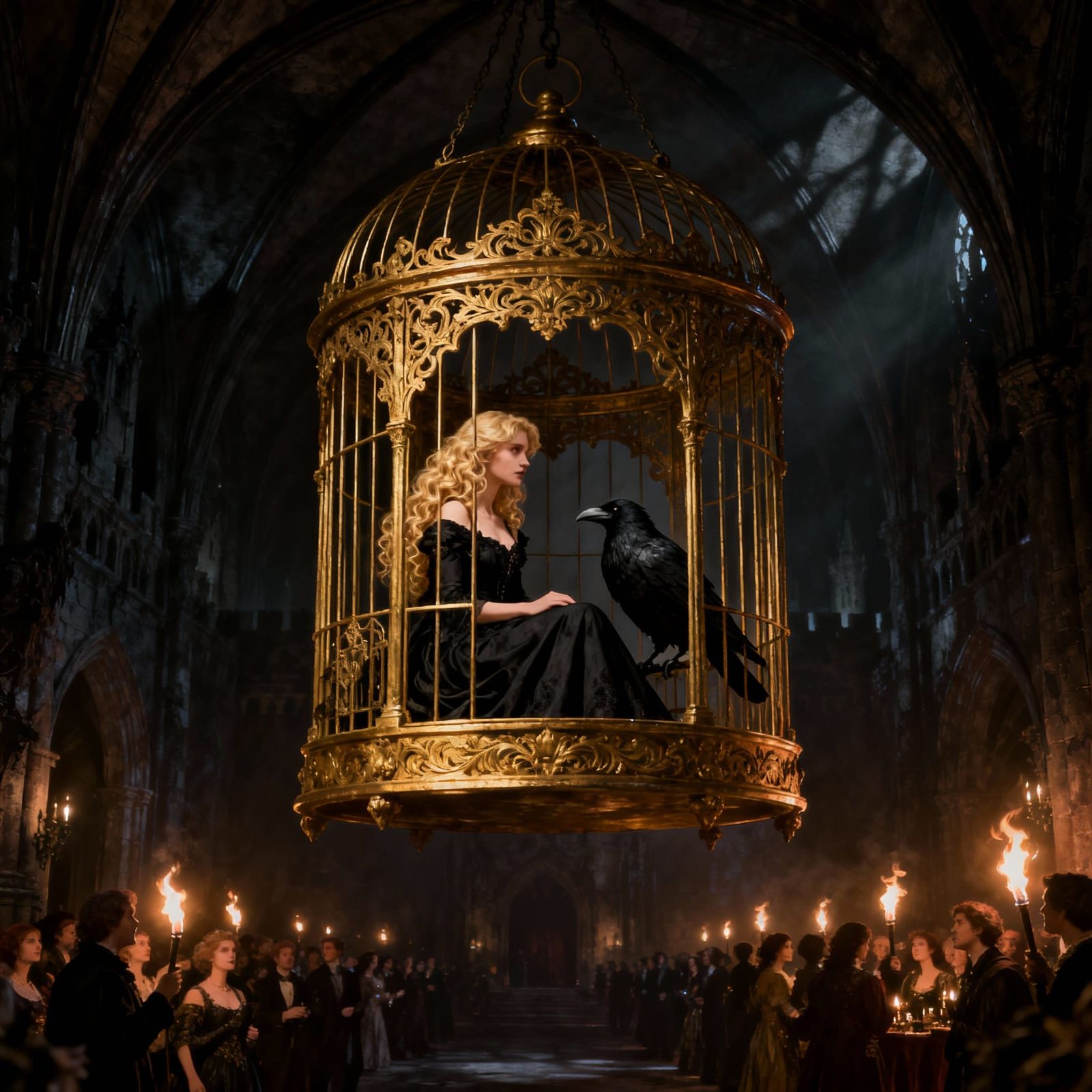 Golden Birdcage in Dark Castle Hall with Captive Blonde