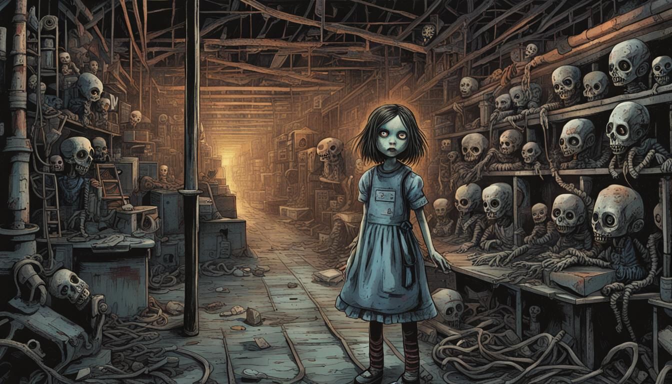 Creepy Doll Girl in Industrial Factory: Chaotic Art
