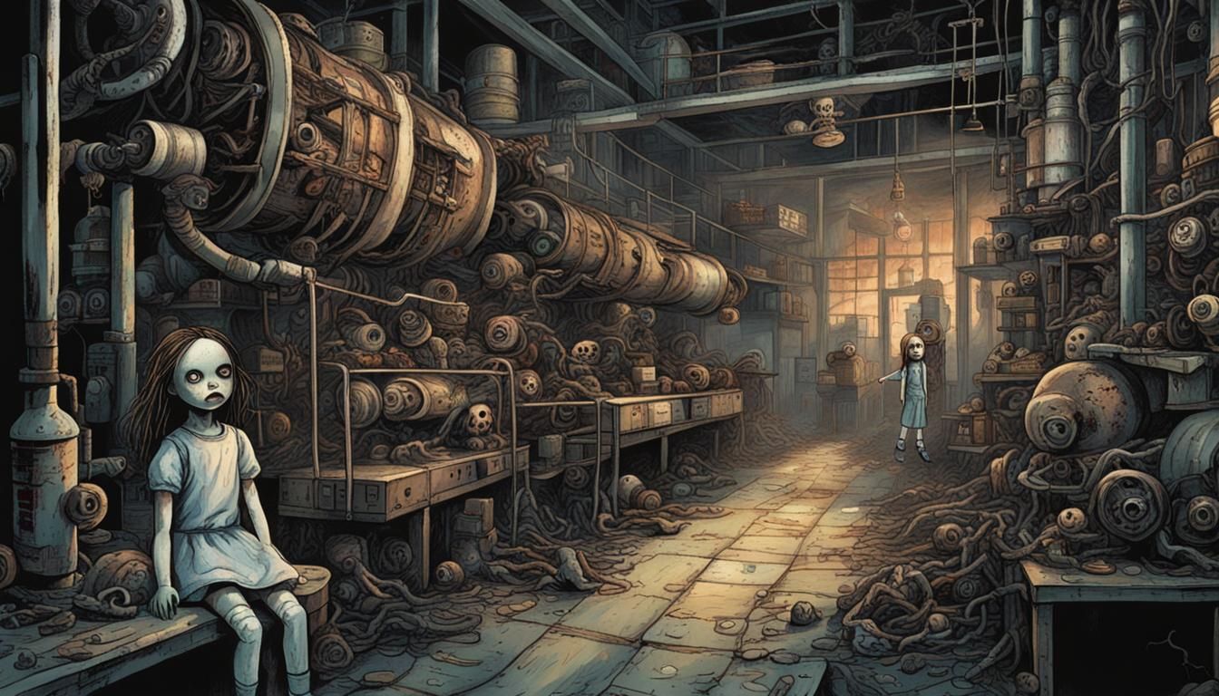 Creepy Doll in Industrial Factory: Chaotic Line Art