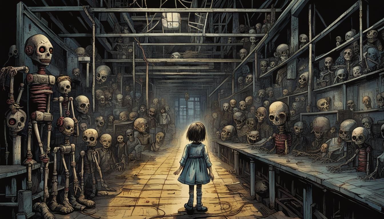 Creepy Doll in Industrial Factory: Chaotic Line Art