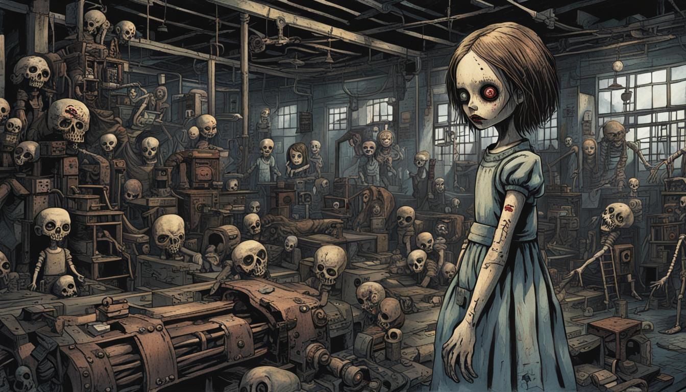 Creepy Doll Girl in Industrial Factory: Haunting Scene