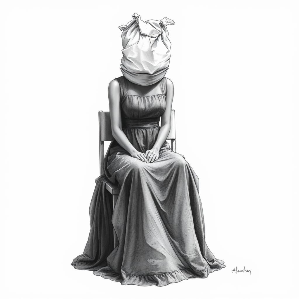 Charcoal Portrait: Woman with Plastic Bag Head