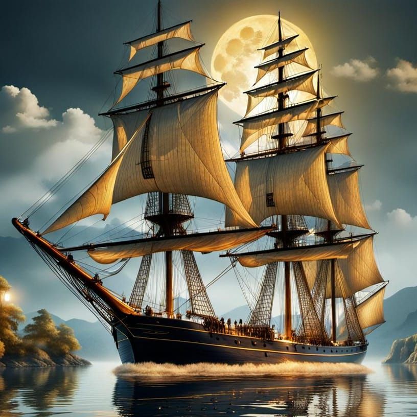 Golden Glow Tall Ship Fantasy Art