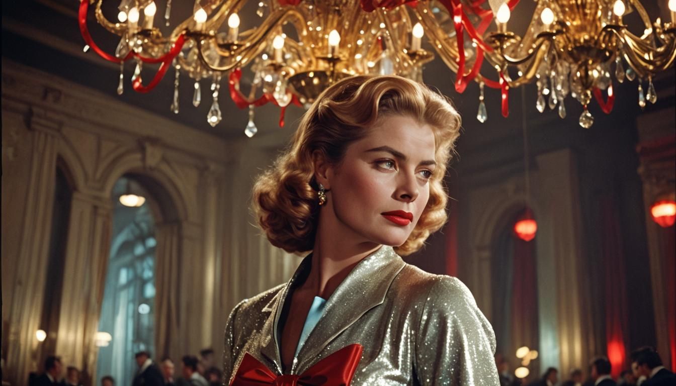 Elegant Blonde with Red Bow in Cinematic Lighting