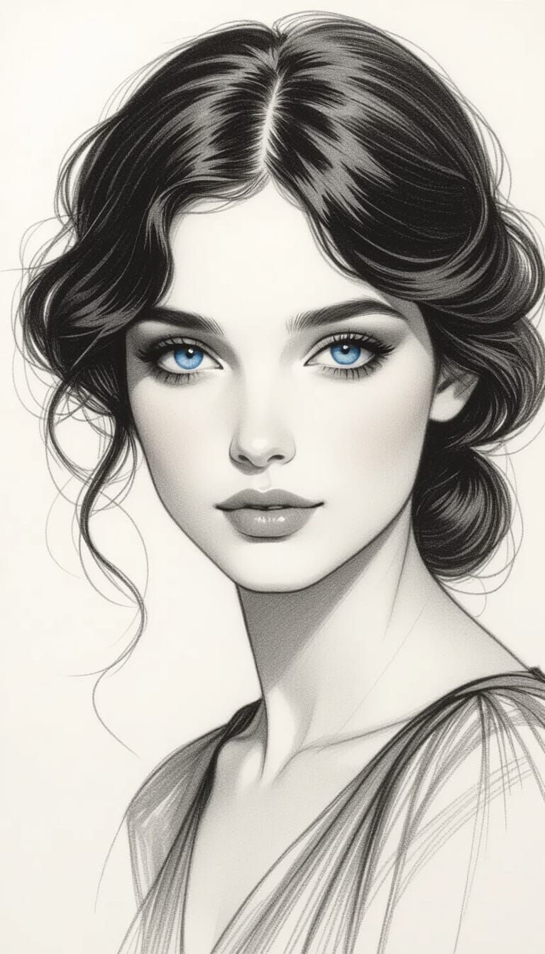 Pencil Sketch: Woman's Innocent Gaze with Blue Eyes