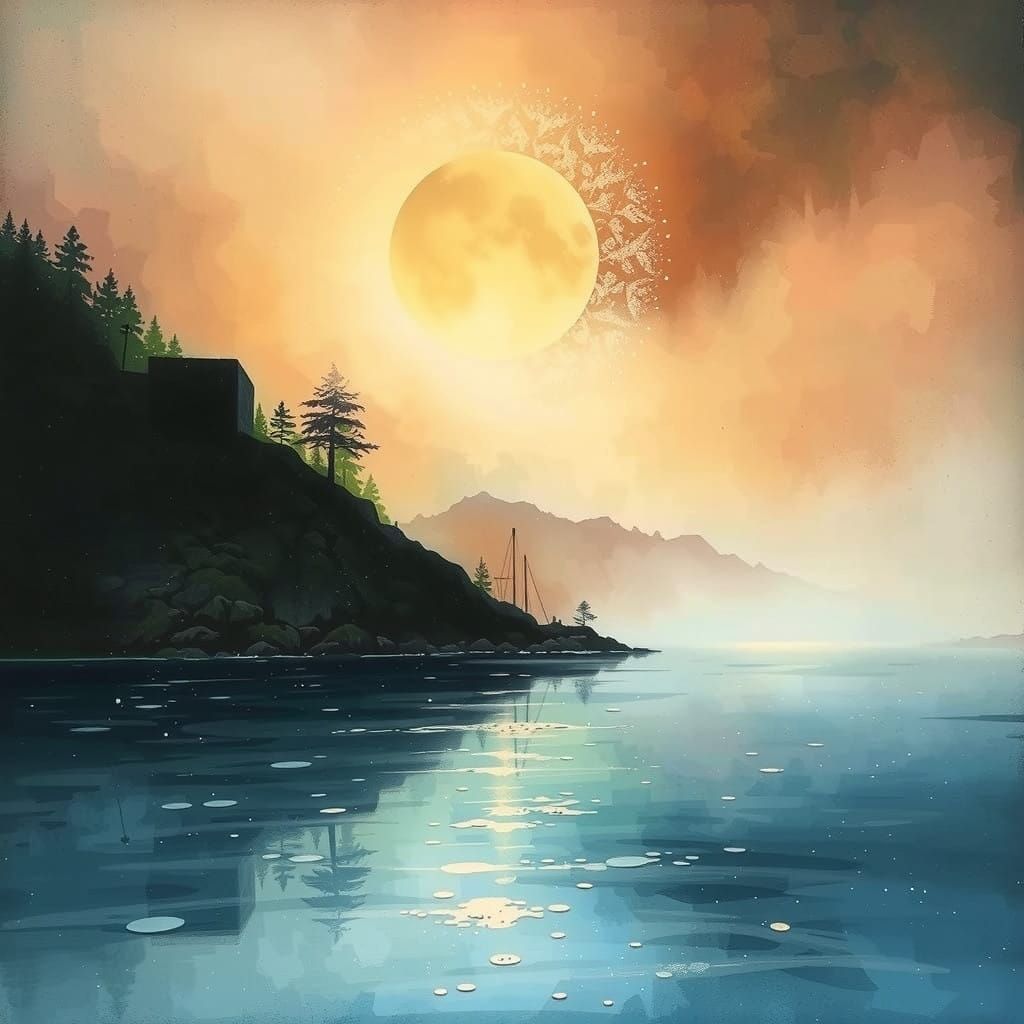 Misty Hope Gouache Painting of Turbulent Waters