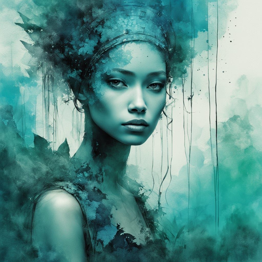 Turquoise Fairy Portrait in Mist Forest