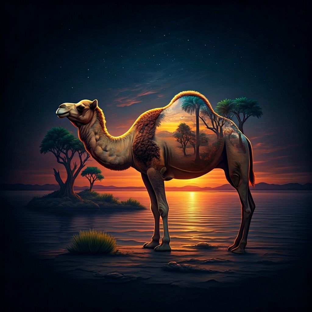 Earthy Camel Oasis at Sunset: Mythical Double Exposure