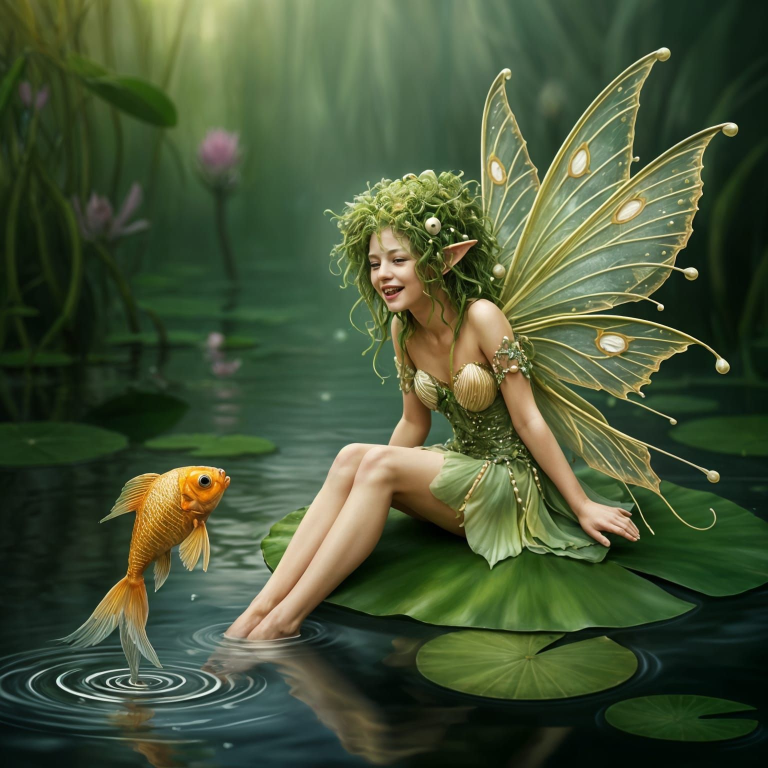 Water Fairy Sits on Lily Leaf, Hair Made of Green Algae