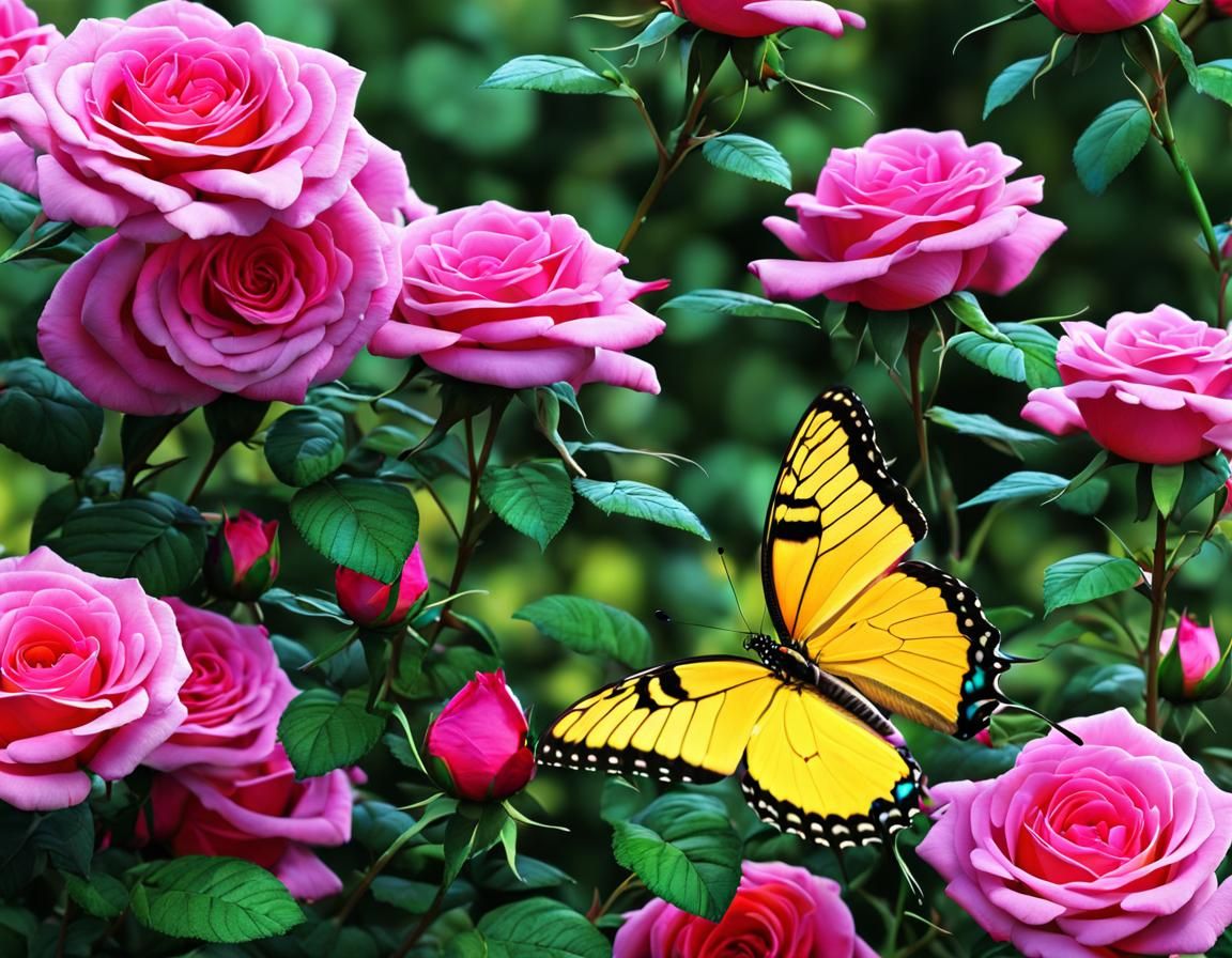 Photorealistic Yellow Butterfly over Roses