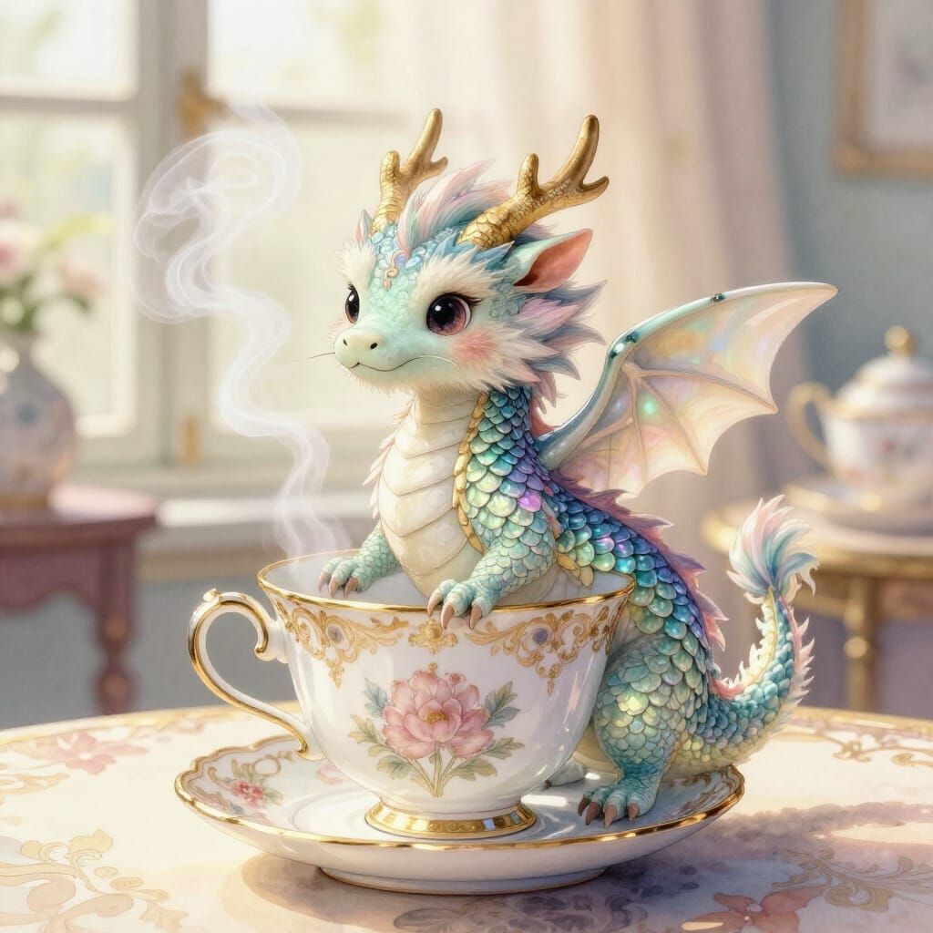 Fluffy Tea Dragon on Teacup Rim