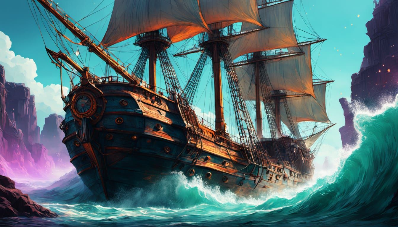 Sailing Ship Navigating Fissure with Luminous Stars