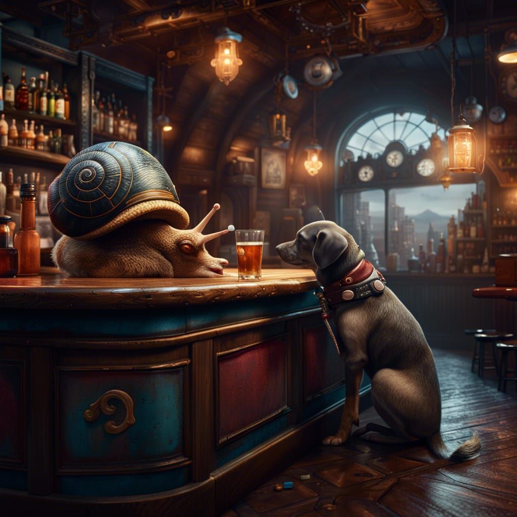 Snail and Dog in a Bar: Fantasy Concept Art
