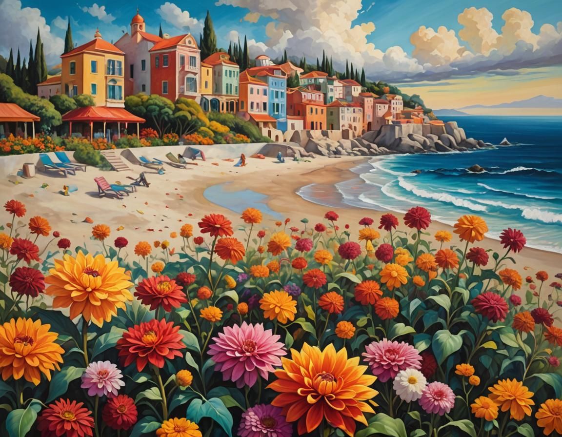 Dahlias and Marigolds on the Beach as Oil Painting