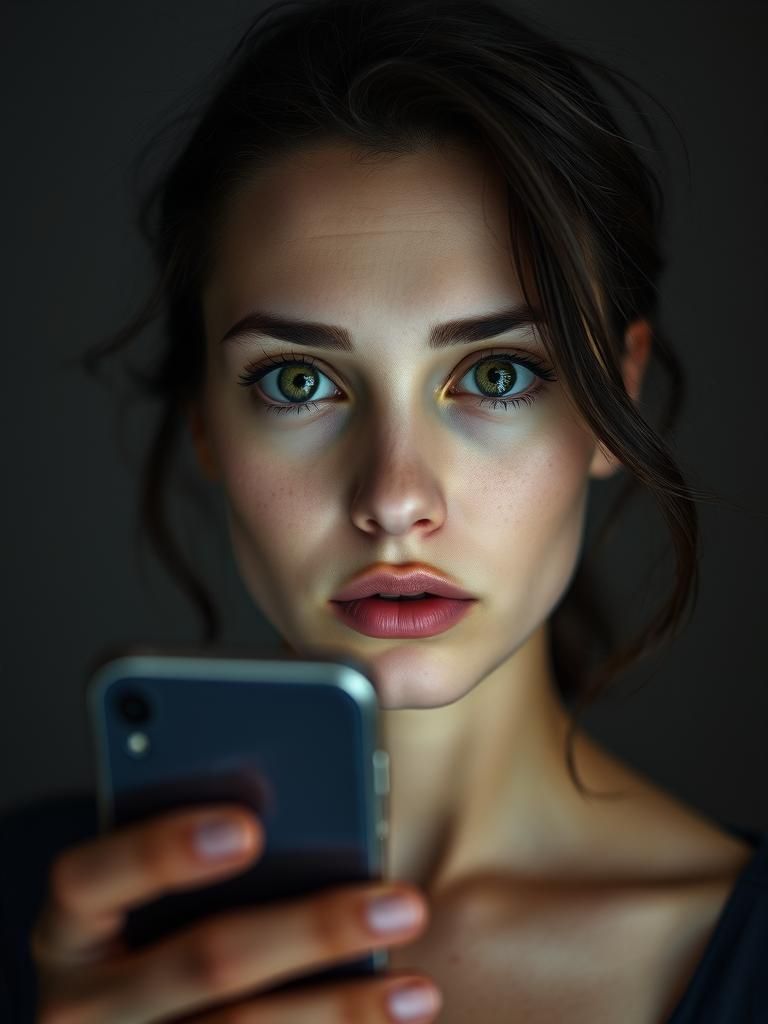 Woman with Green Eyes Illuminated by Smartphone Screen
