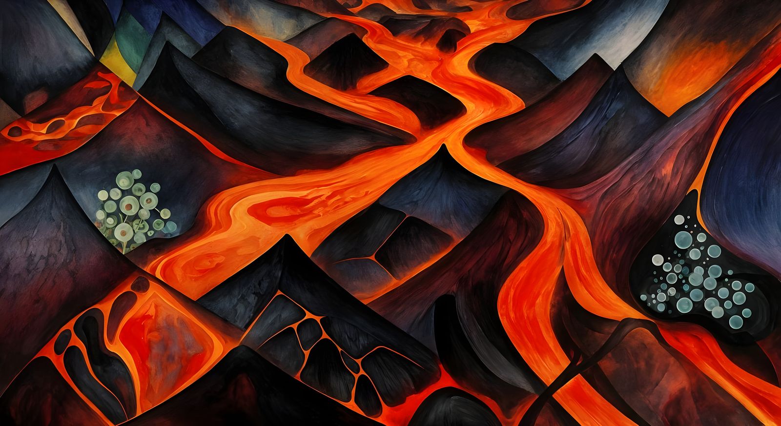 Vibrant Abstract Lava Rivers in Watercolor Gouache