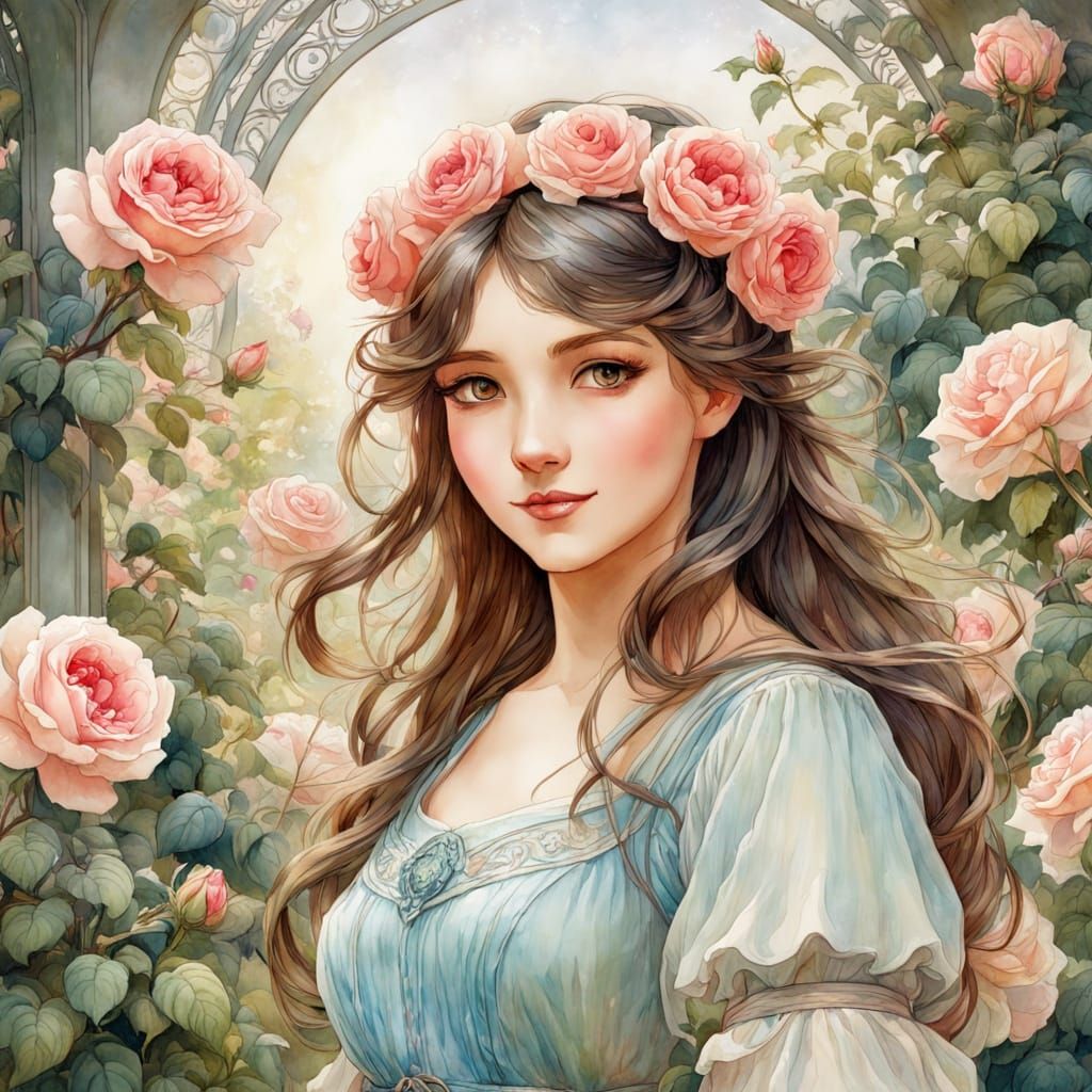 Cheerful Girl in Rose Garden as Colorful Cartoon