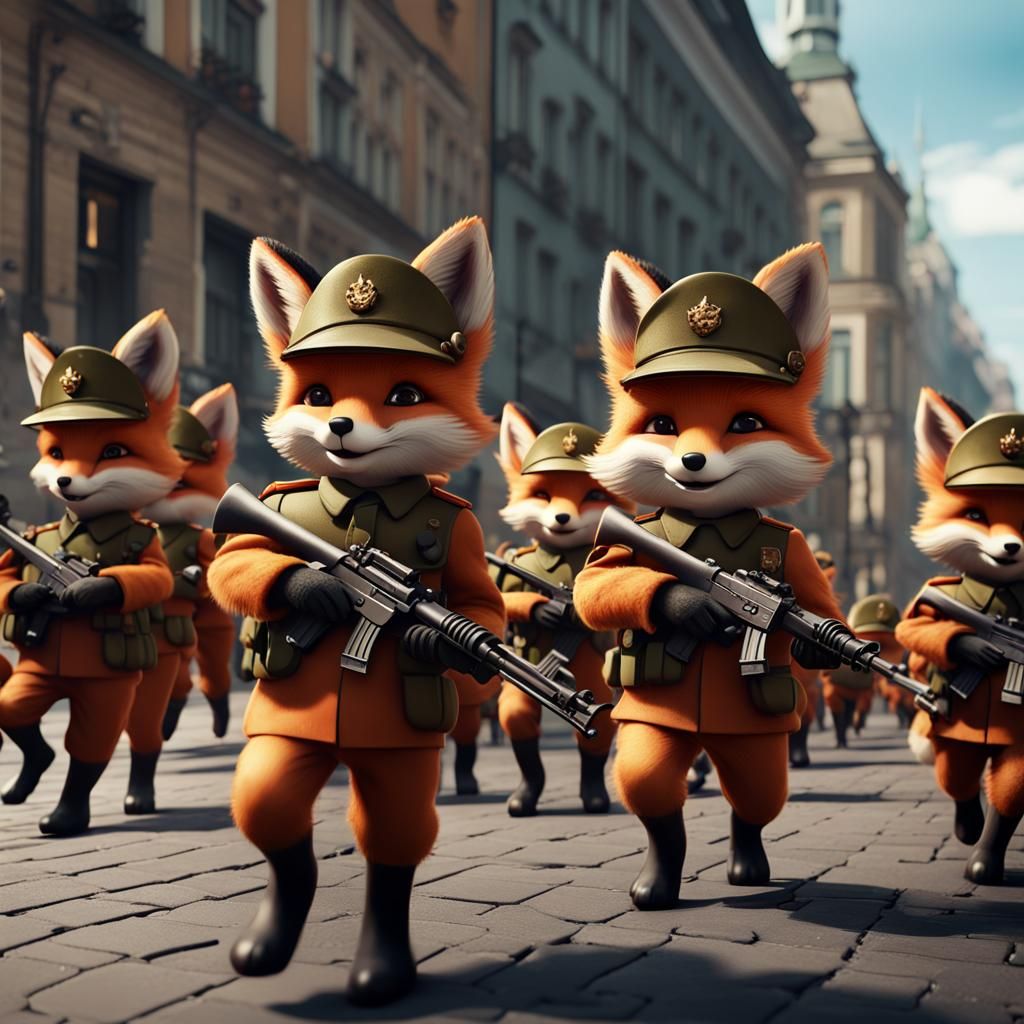Fox Cub Army on Parade: Detailed Matte Painting