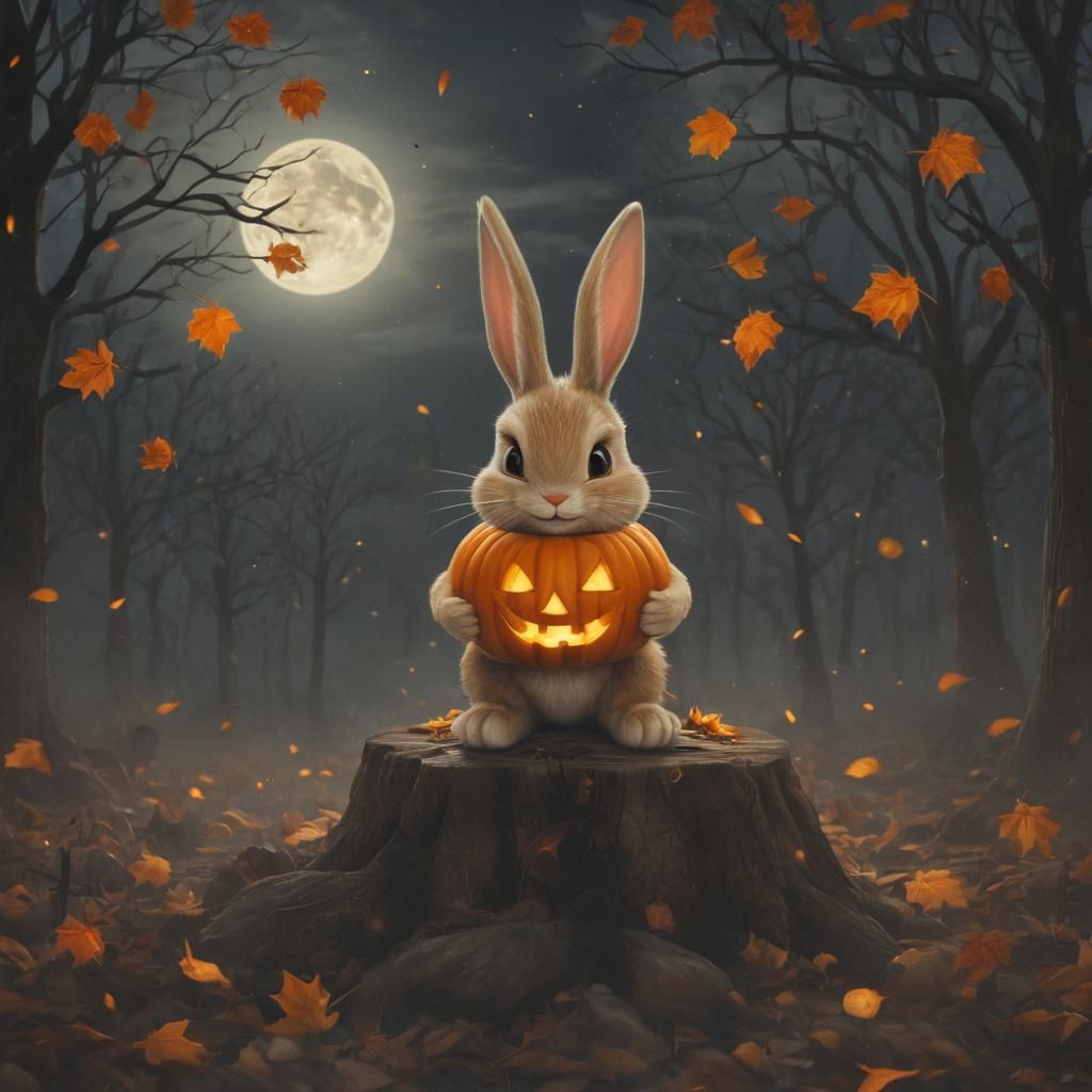 Baby Rabbit Carving Jack-o-Lantern on Halloween