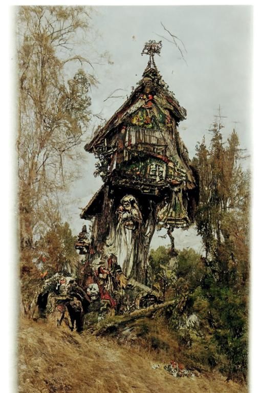 Baba Yaga's House in Pine Forest: Ink Drawing