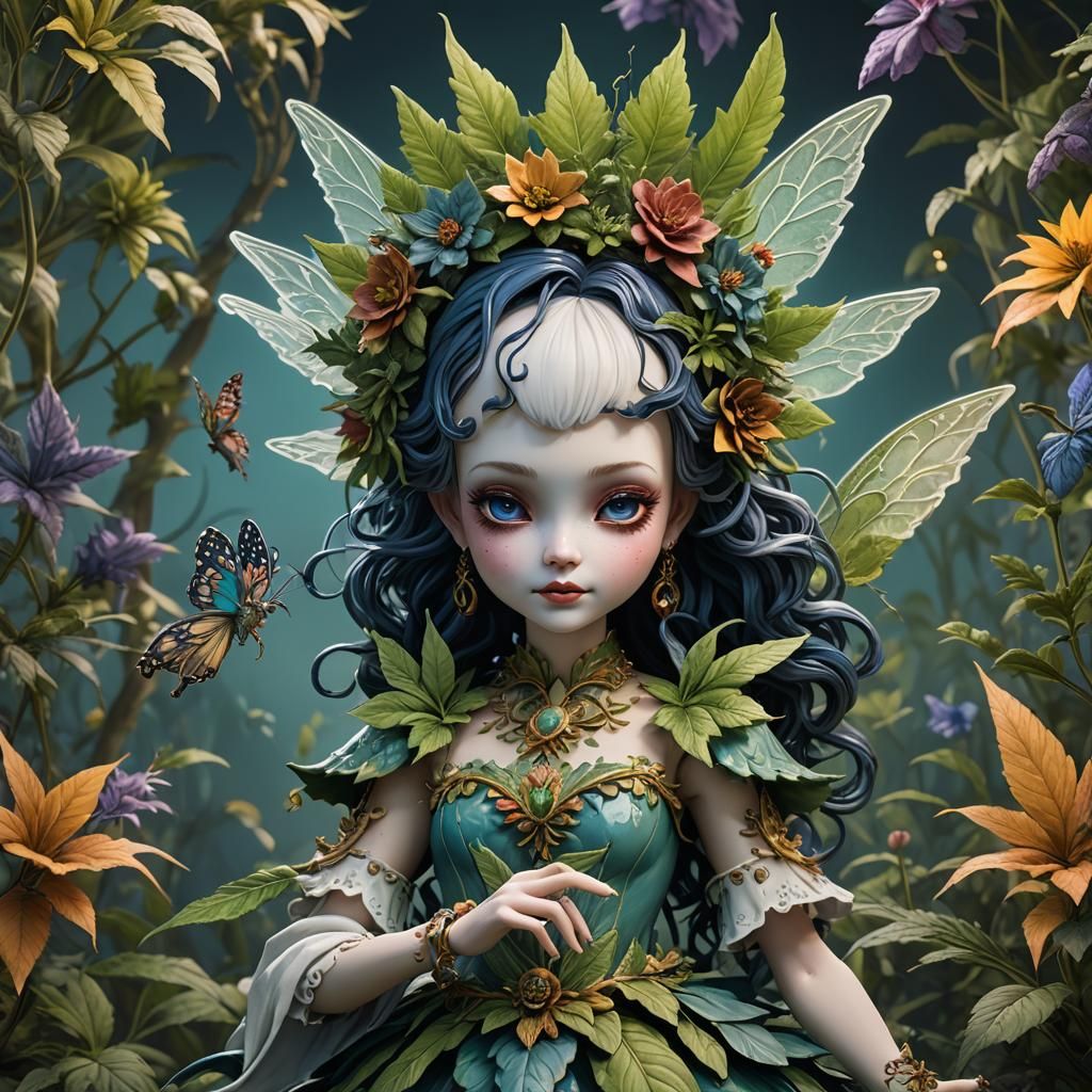 Porcelain Marijuana Fairy Doll: Detailed Fantasy Art