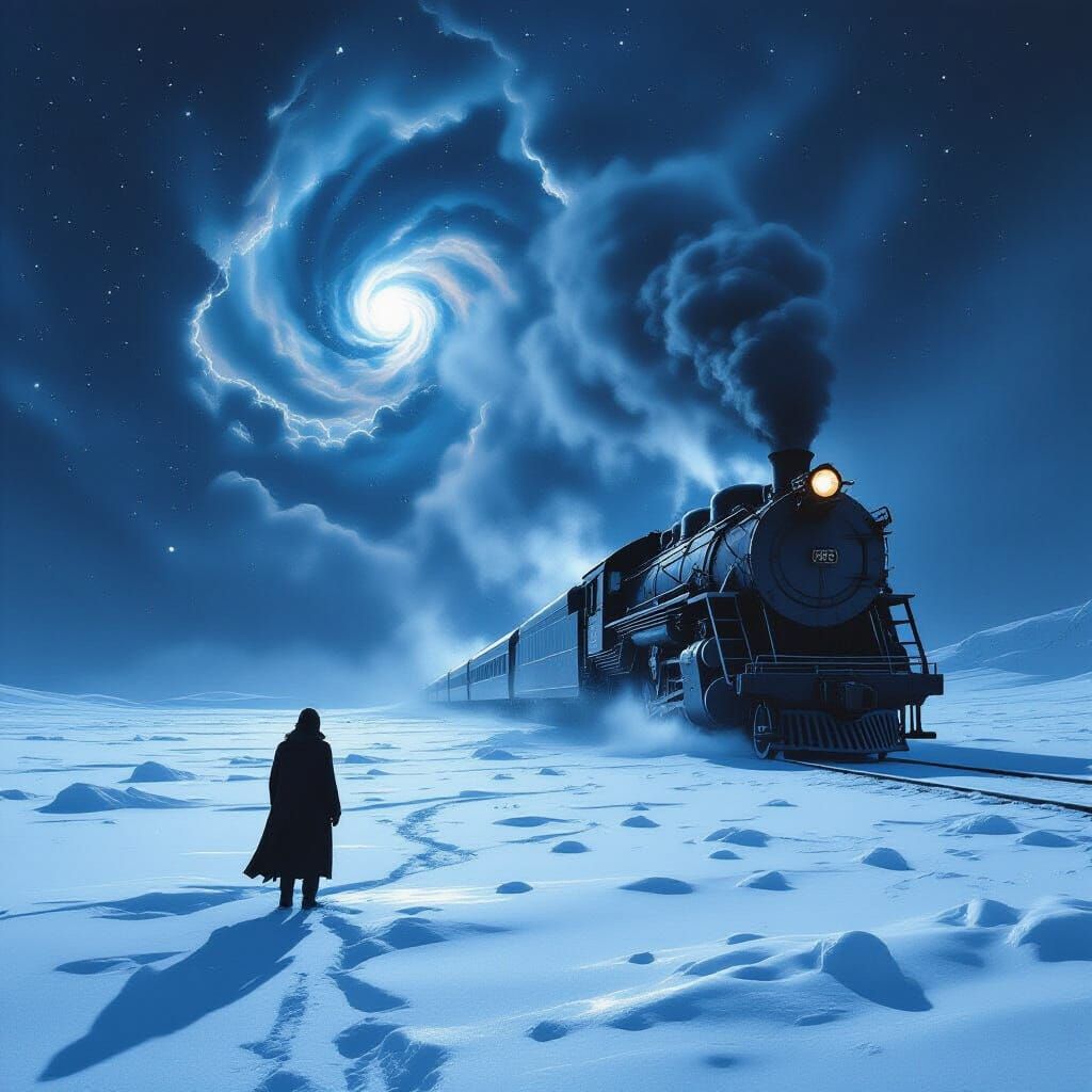 Lone Figure in Snowy Nebula Landscape with Derelict Train