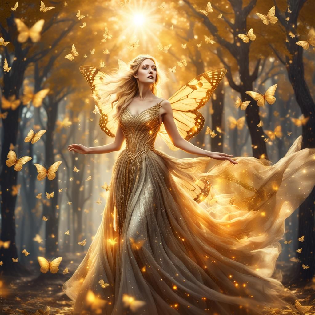 Golden Fairy Queen Among Butterflies in Sunlight