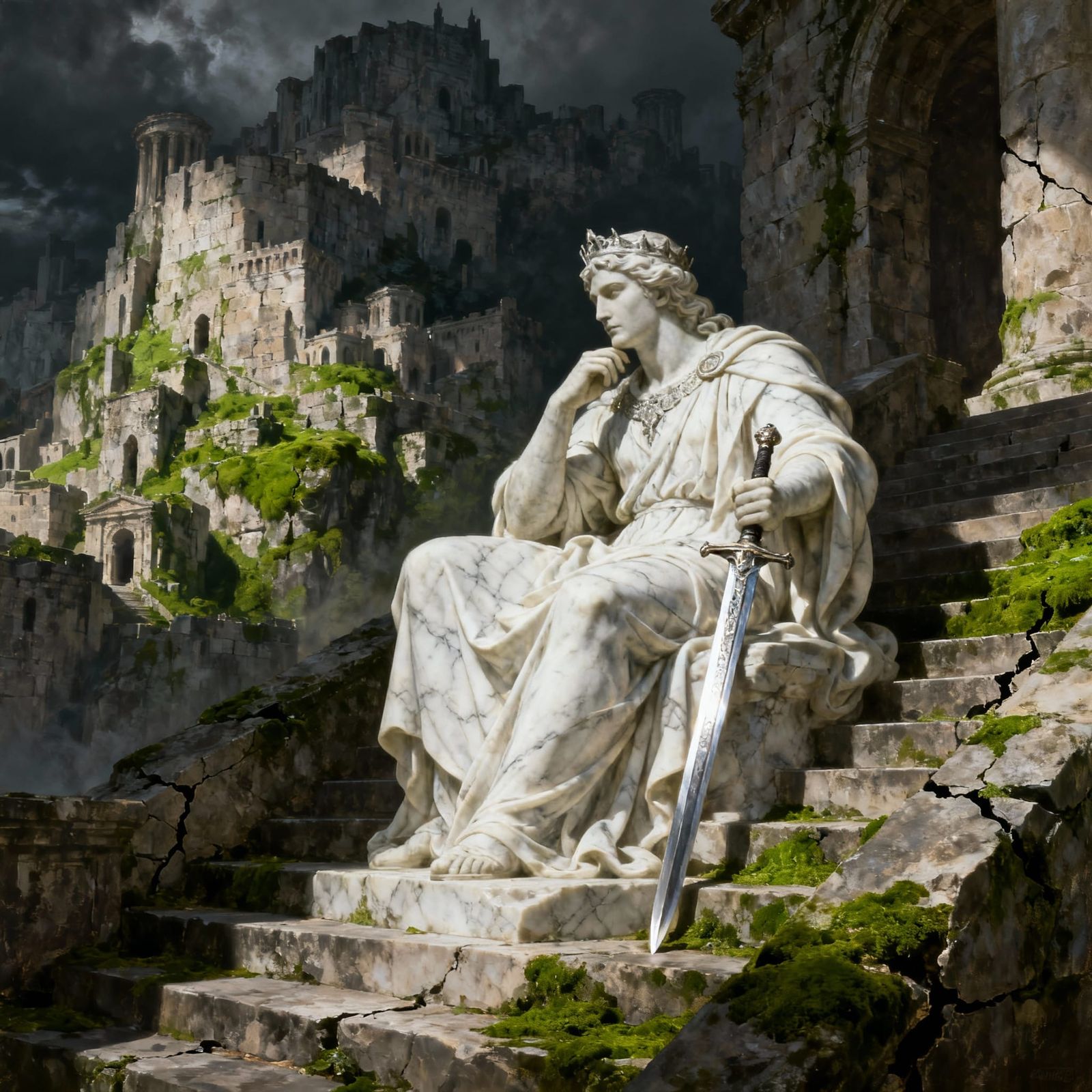 Regal Leader on Stone Stairs in Ancient City