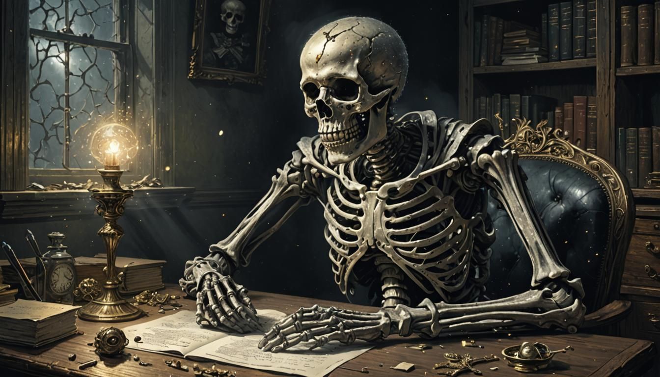Sad Skeleton at Office Desk with Sparkles