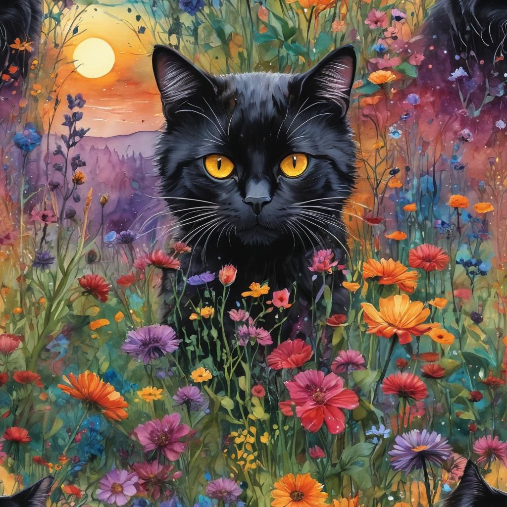 Walking Black Cat in Colorful Splash Art Style