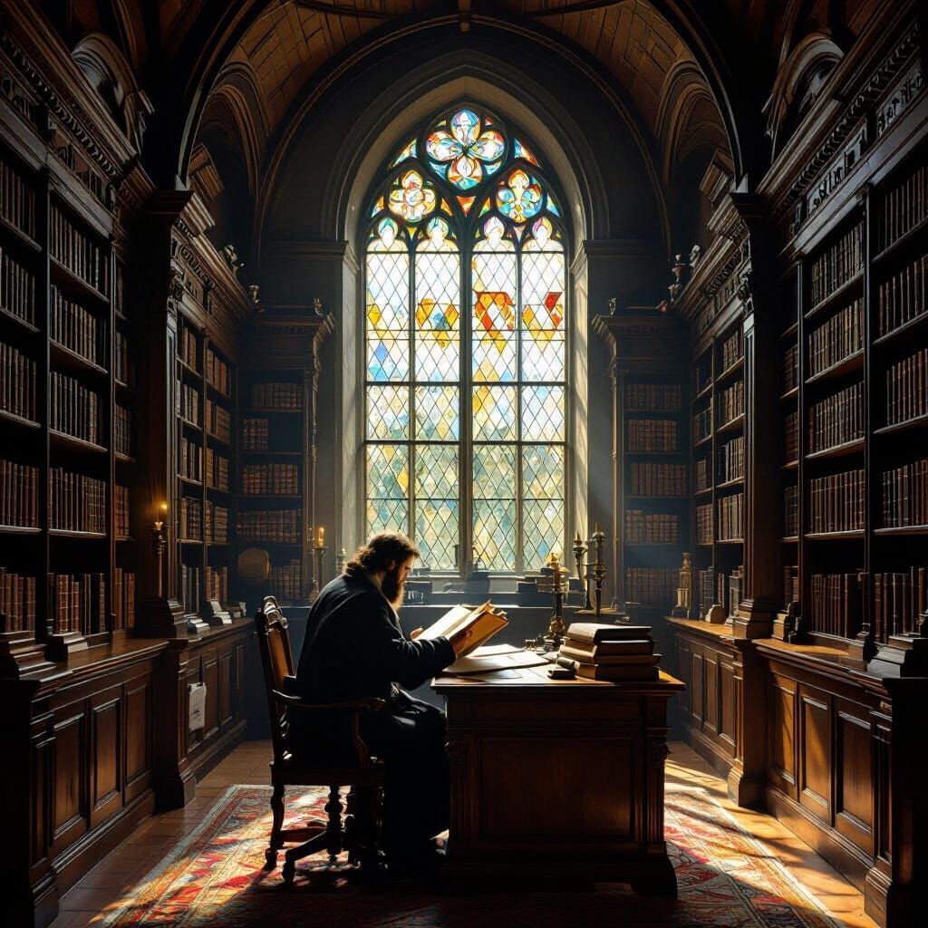 Ancient Library Reading Scene in Dutch Golden Age Style