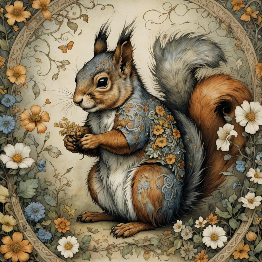 Whimsical Squirrel Portrait with Flowers