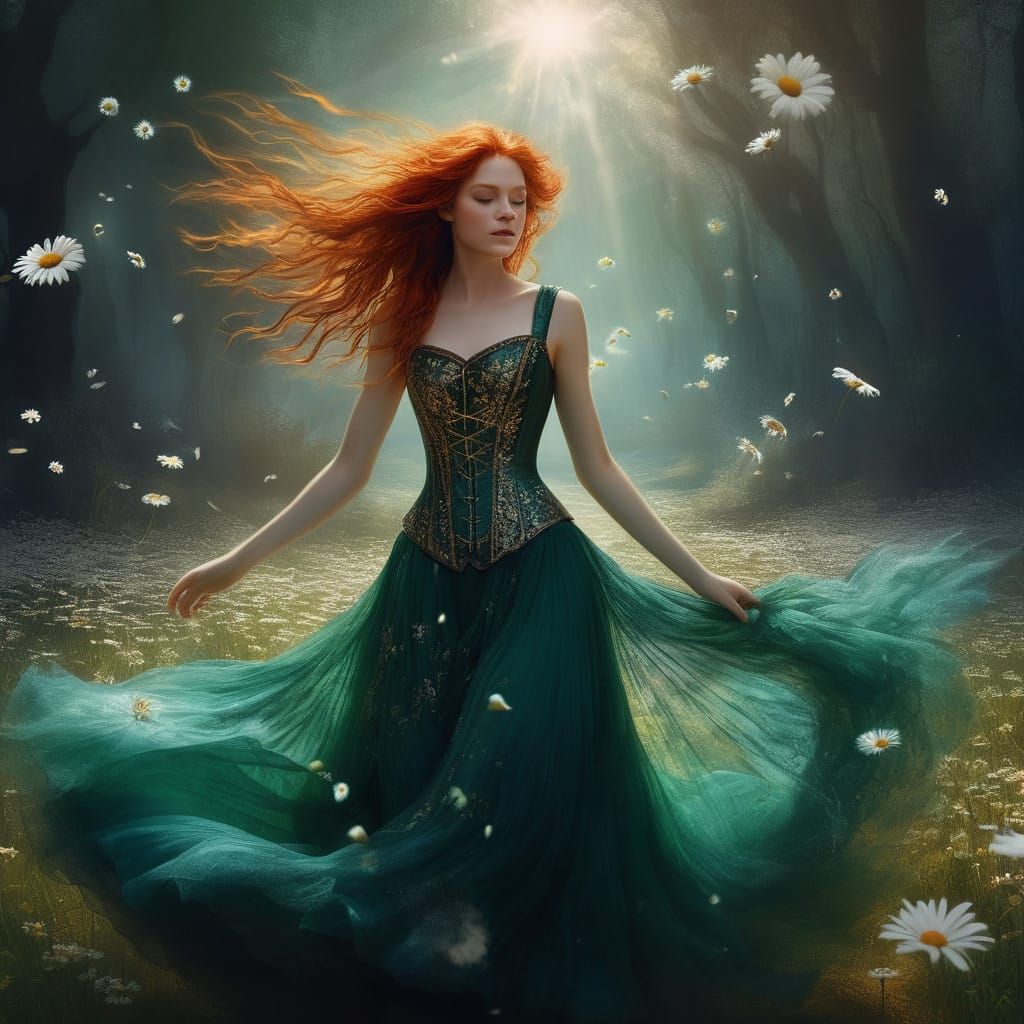 Enchanting Redhead Dances with Daisies in a Whimsical, Hyper...