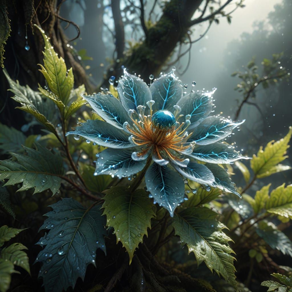 Bioluminescent Fractal Flower in a Sun-Dappled Forest