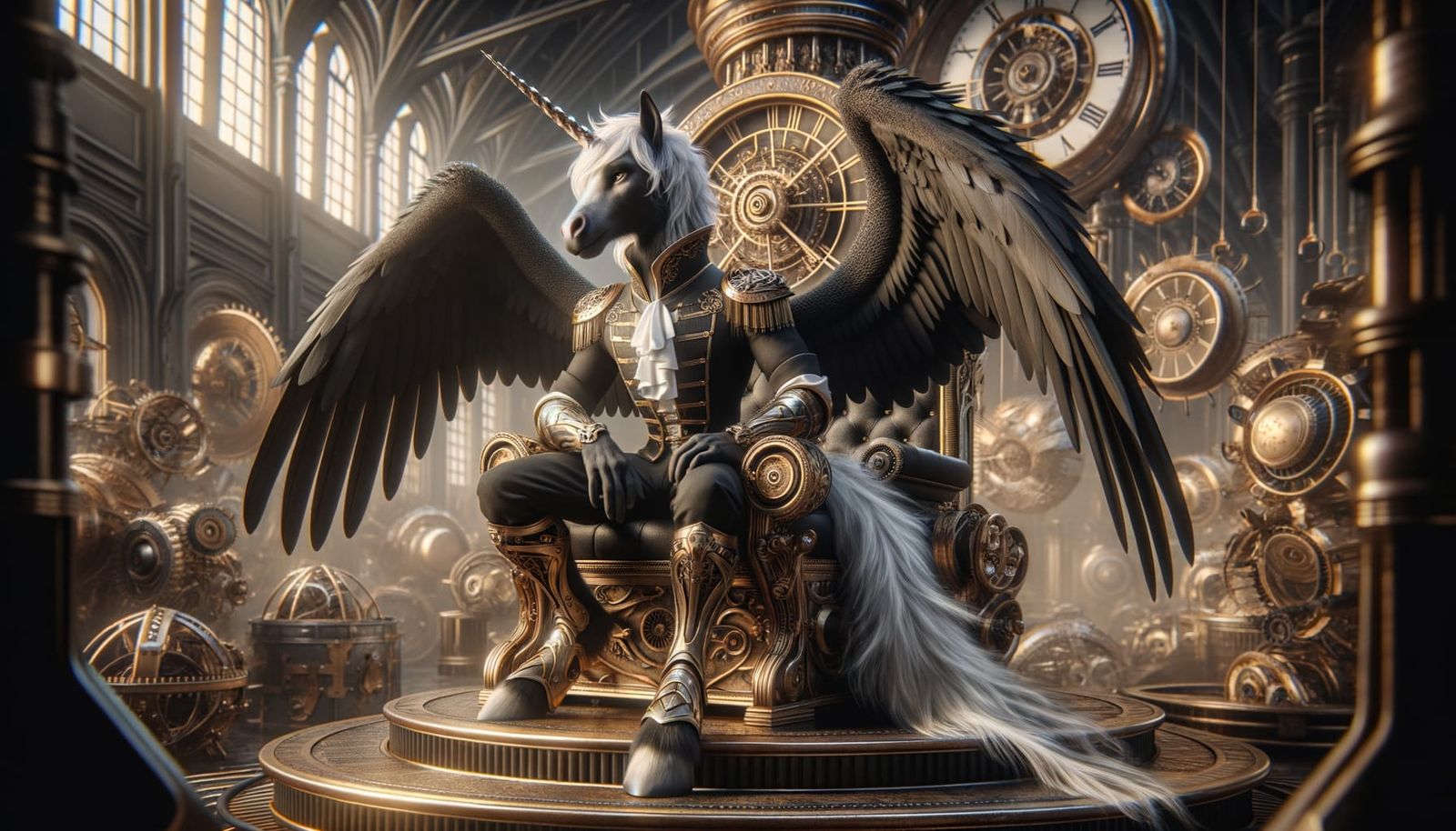 An Anthropomorphic Bipedal Winged Black Unicorn Male with wh...