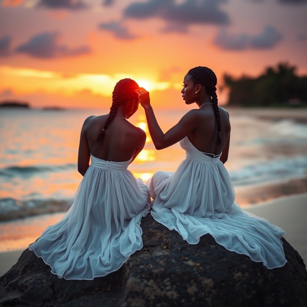 Black Women at Sunset on Tropical Beach, Photorealistic