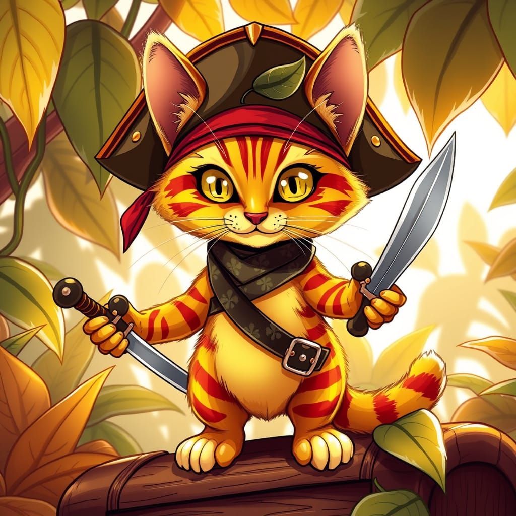 Feline Pirate Captain in Tropical Paradise